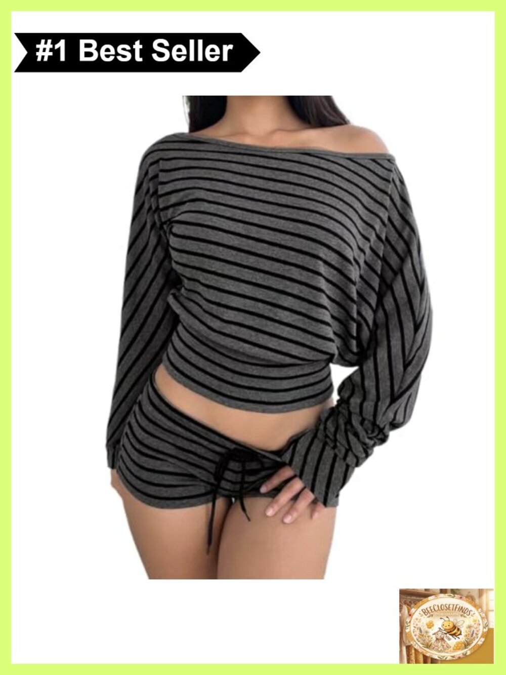Women 2 Piece Striped Skew Collar Top & Drawstring Shorts Set